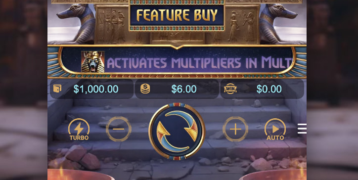 Нижняя панель управления Anubis Wrath: Spin, Bet, Turbo, Auto, Feature Buy